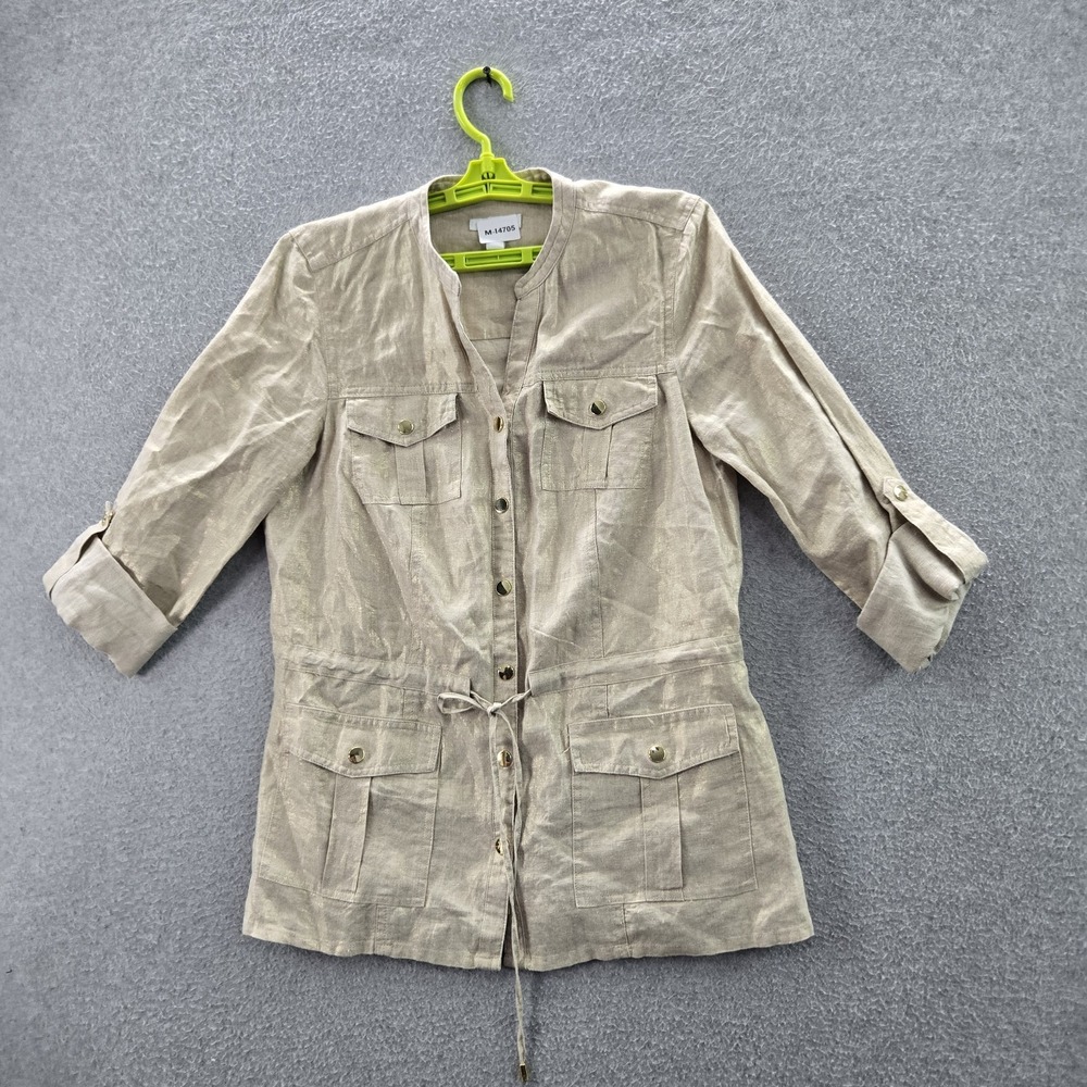 Charter Club Women Jacket M Brown Linen Utility Roll Tab Sleeve